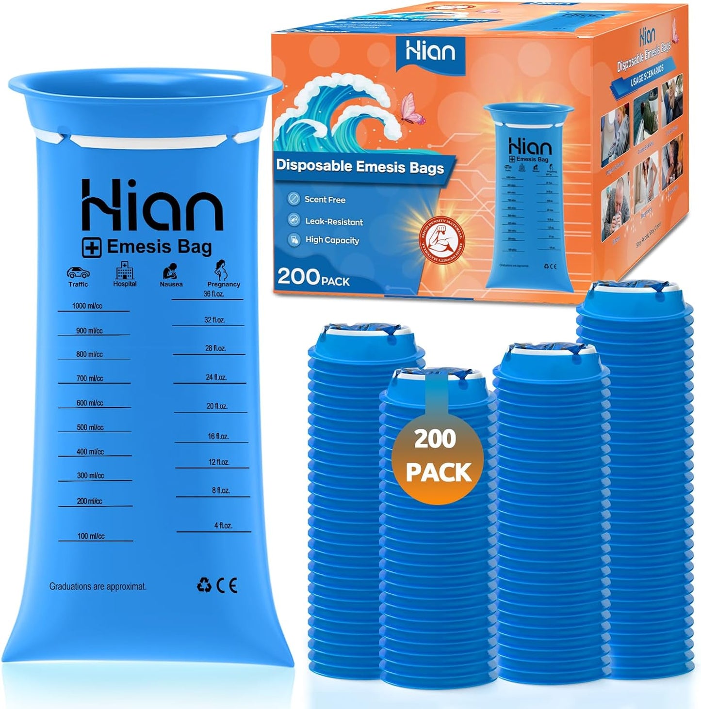 Hion Vomit Bags Disposable 200 Pack for Motion Sickness Relief