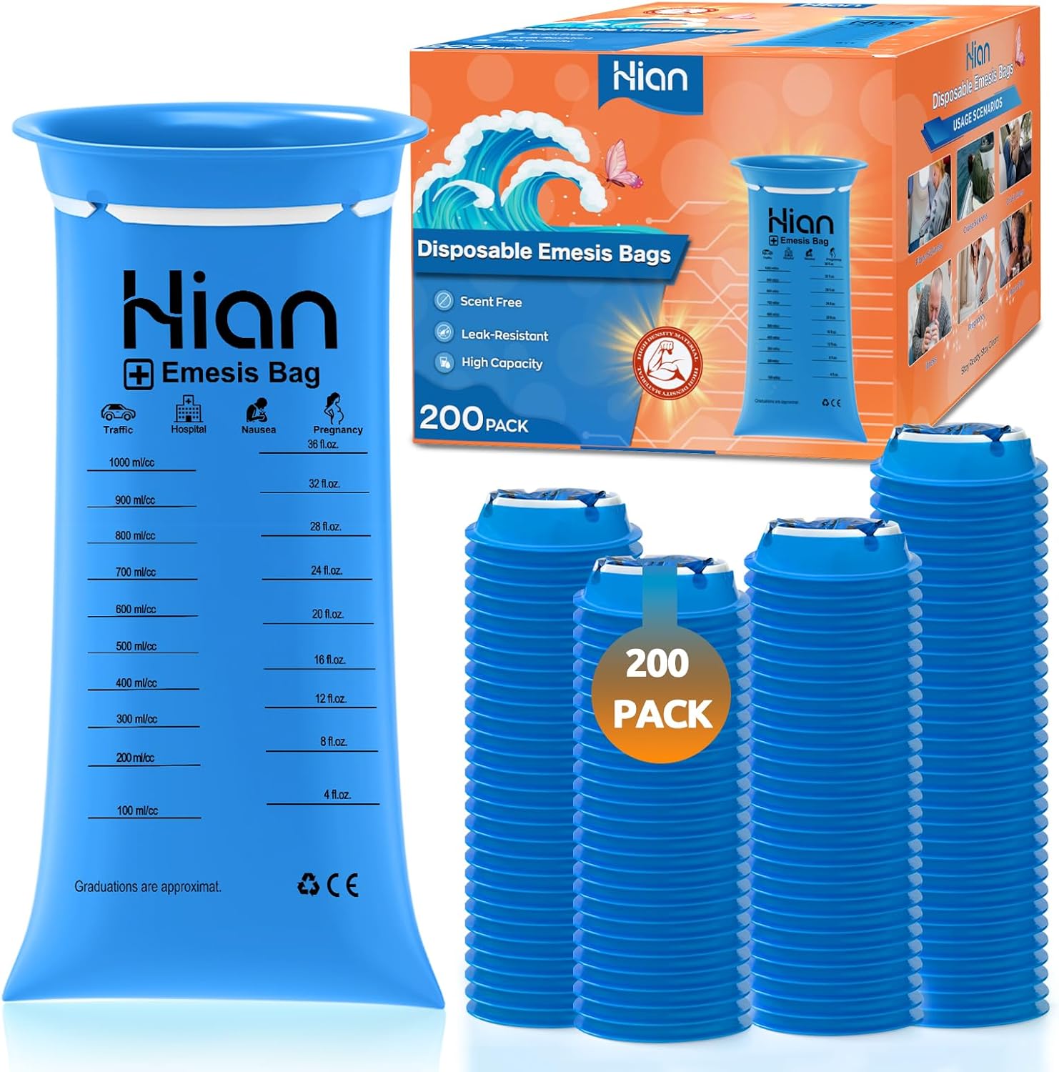 Hion Vomit Bags Disposable 200 Pack for Motion Sickness Relief