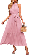 Women's Summer Floral Maxi Sun Dress Sleeveless Halter Neck - Flowy At
