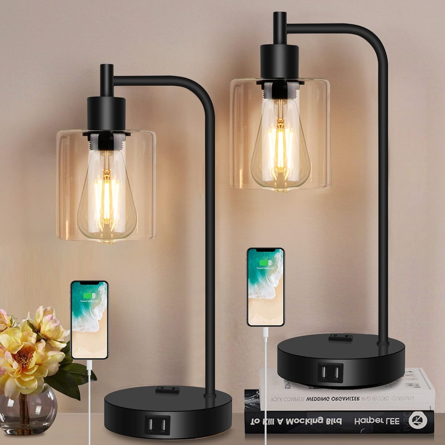 QiMH Industrial Touch Control Table Lamp with USB Ports and Outlet