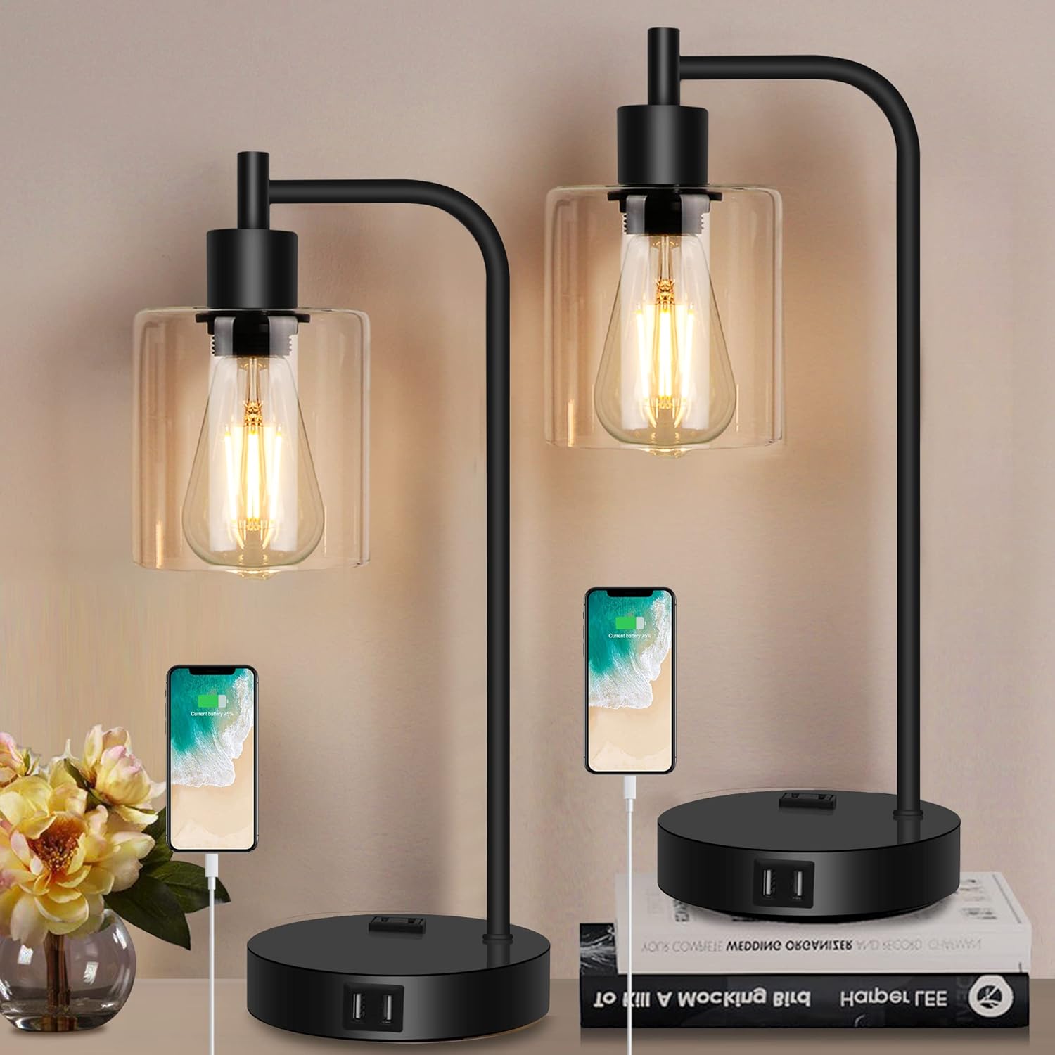 QiMH Industrial Touch Control Table Lamp with USB Ports and Outlet