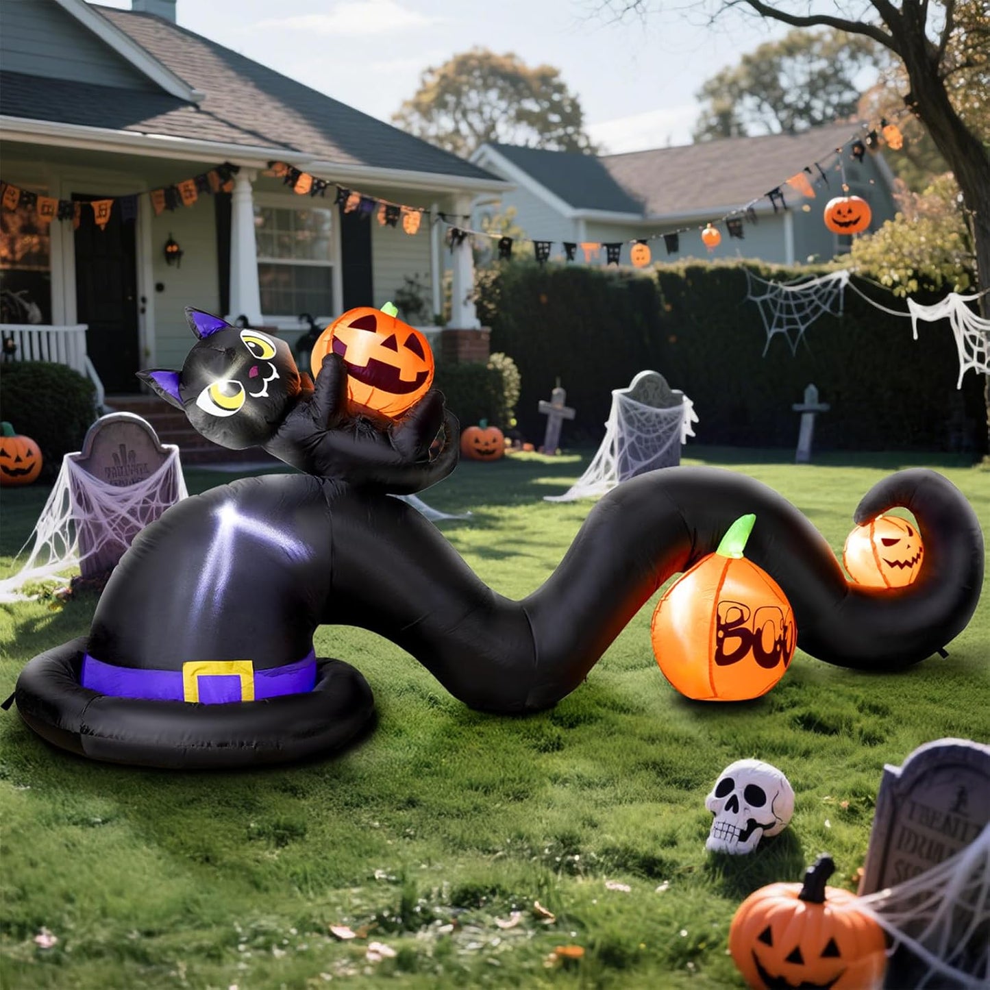 9FT Halloween Inflatable Witch Hat with Black Cat and Pumpkins