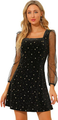 Allegra K Sparkly Glitter Velvet Mesh Sheer Sleeve Star Metallic Dress