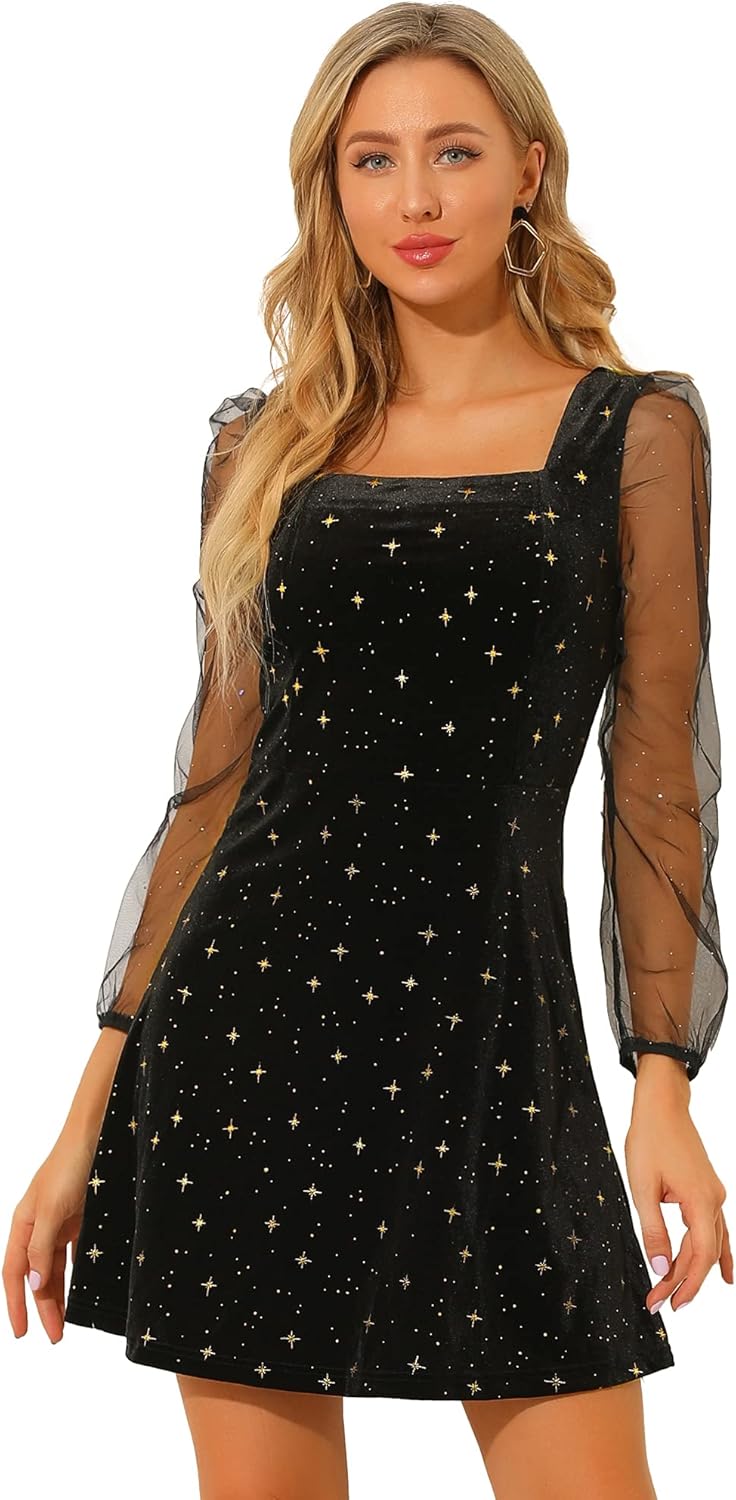 Allegra K Women's Sparkly Glitter Velvet Mesh Dress for Parties