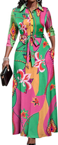 Women Church Maxi Dress 3/4 Sleeve Button Down - Comfortable Floral