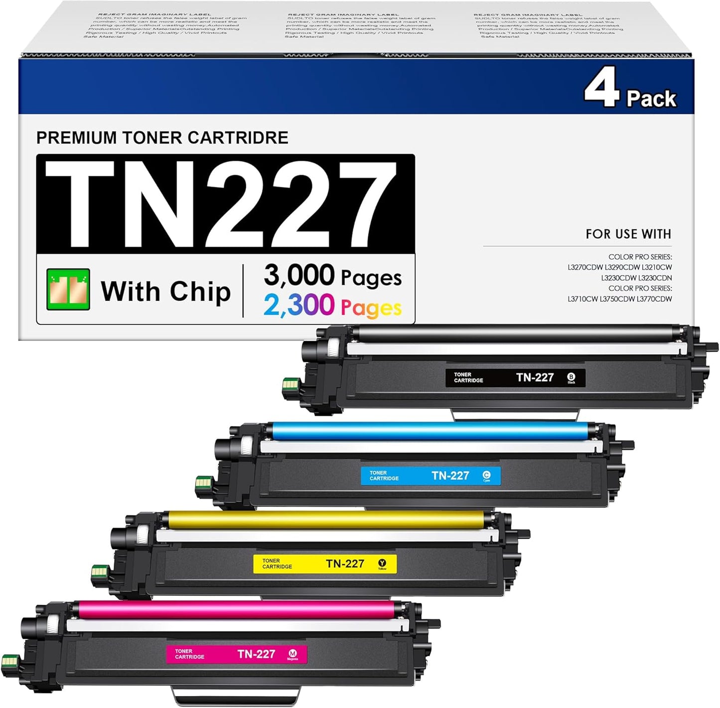 High Yield TN227 Toner Cartridge 4 Pack for Brother Printers
