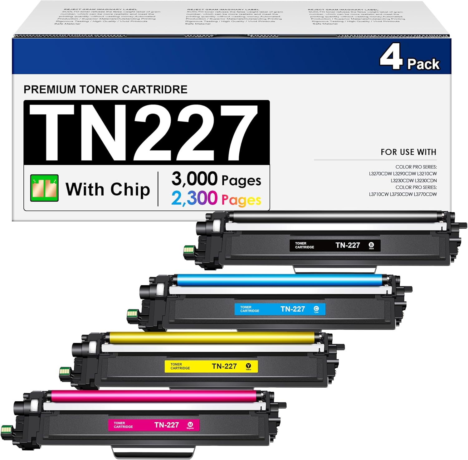 High Yield TN227 Toner Cartridge 4 Pack for Brother Printers