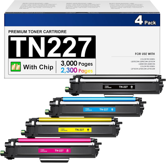 High Yield TN227 Toner Cartridge 4 Pack for Brother Printers