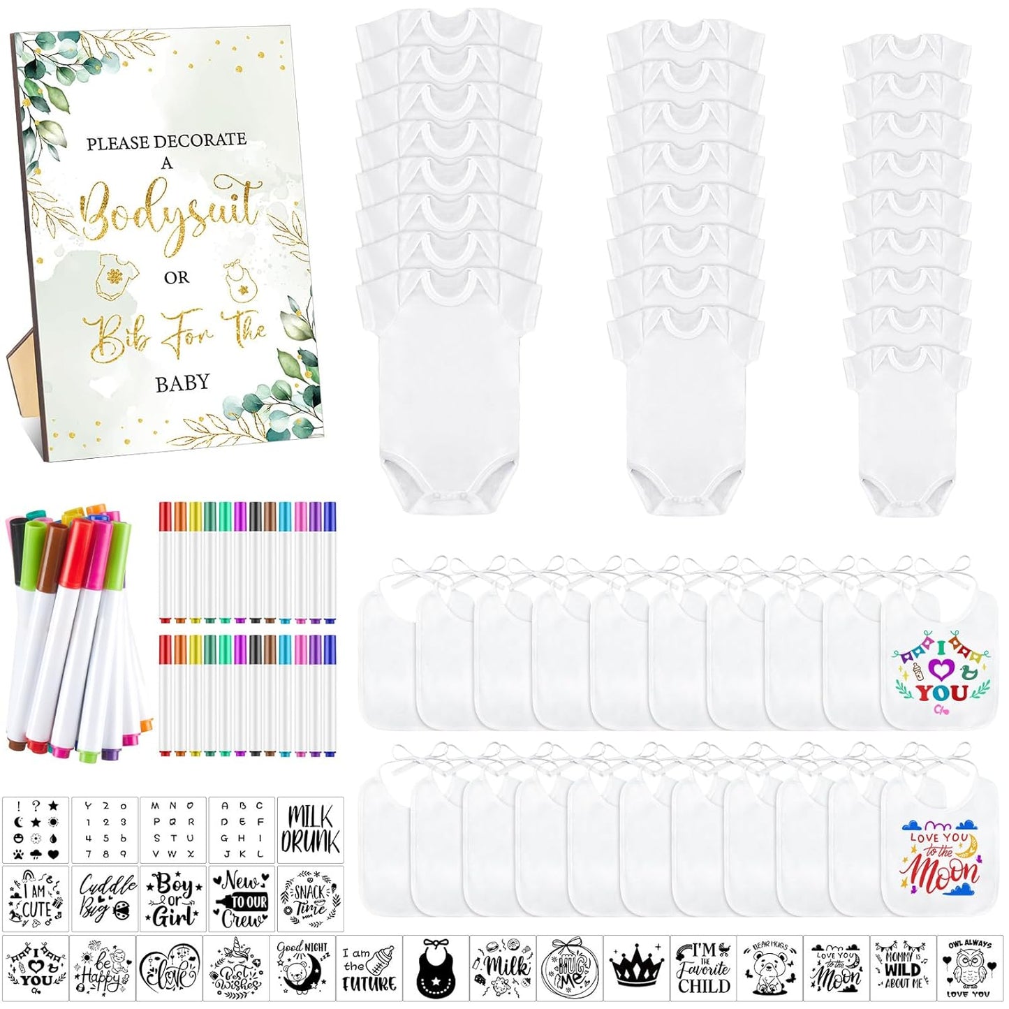 DIY Baby Shower Bib Bodysuit Set with Colorful Markers for Fun