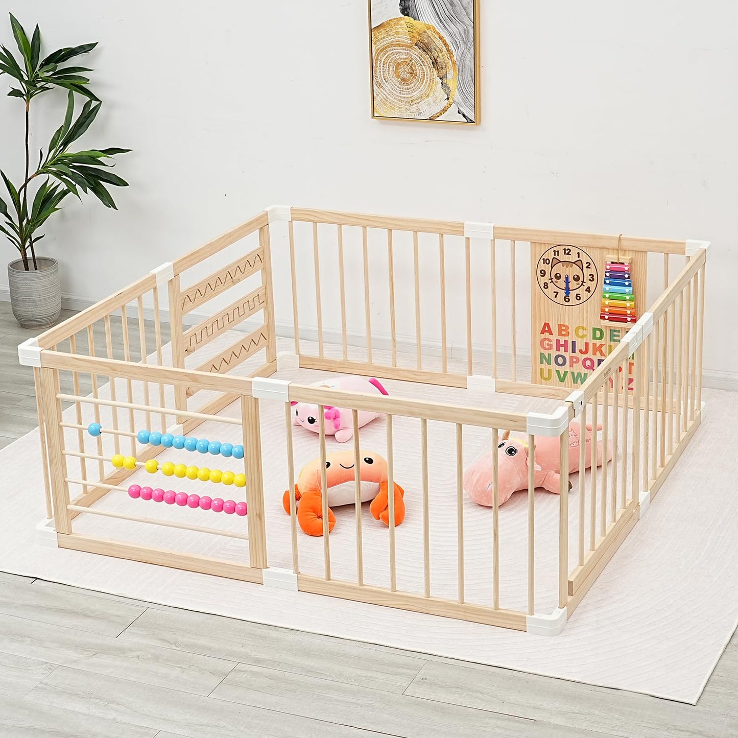 Baby Playpen - Large Adjustable Wooden Playpen for Kids Safety