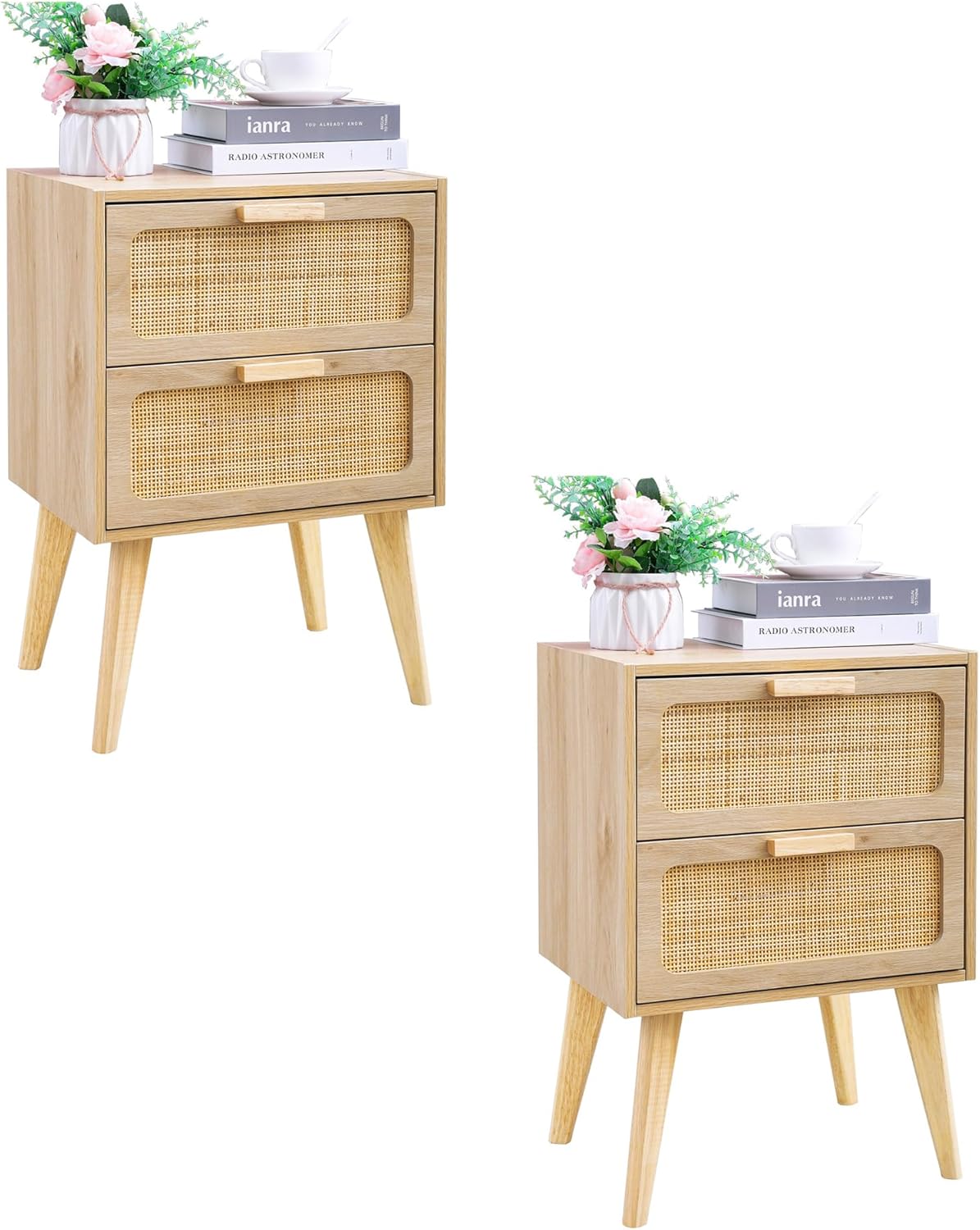 Rattan Nightstand Set of 2 with Handcrafted Rattan Drawers