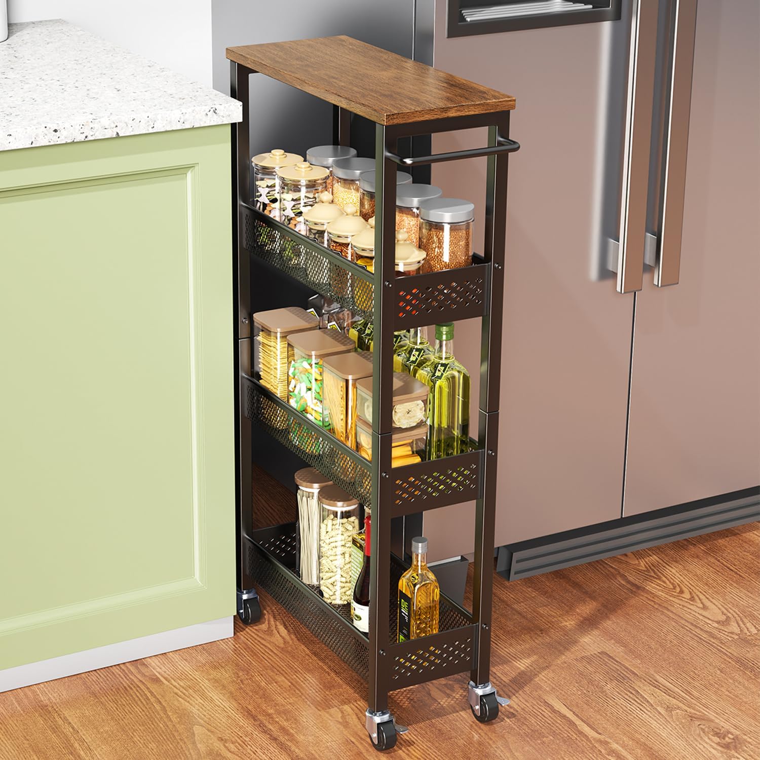 Slim Storage Cart 4 Tier Narrow Kitchen Rolling Cart for Small Spaces