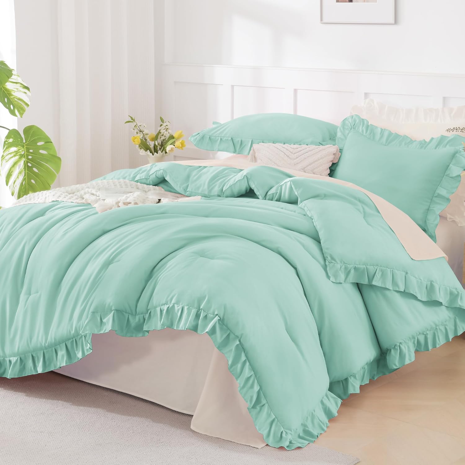 Mint Green Ruffled Comforter Set for Queen Size Bedding