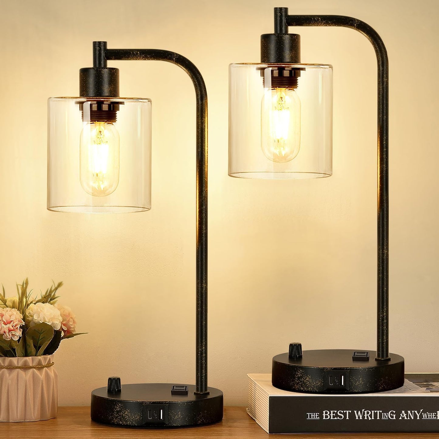 Set of 2 Industrial Table Lamps with USB Port for Bedrooms