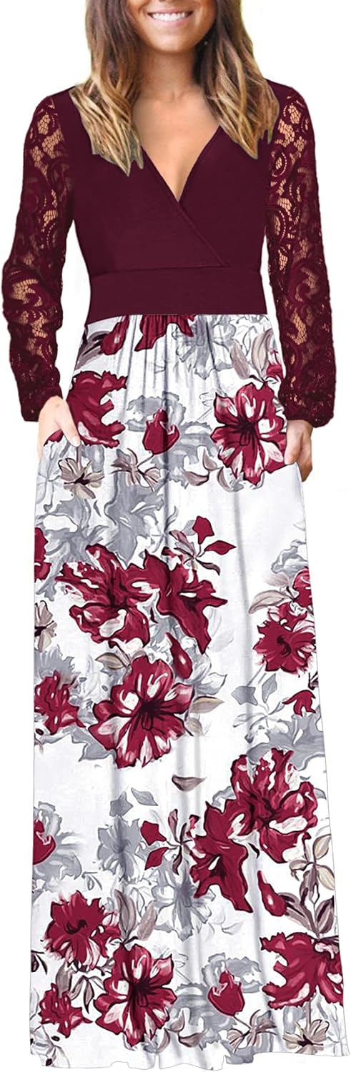 Womens Long Sleeve Maxi Dress with Lace Sleeves and Pockets
