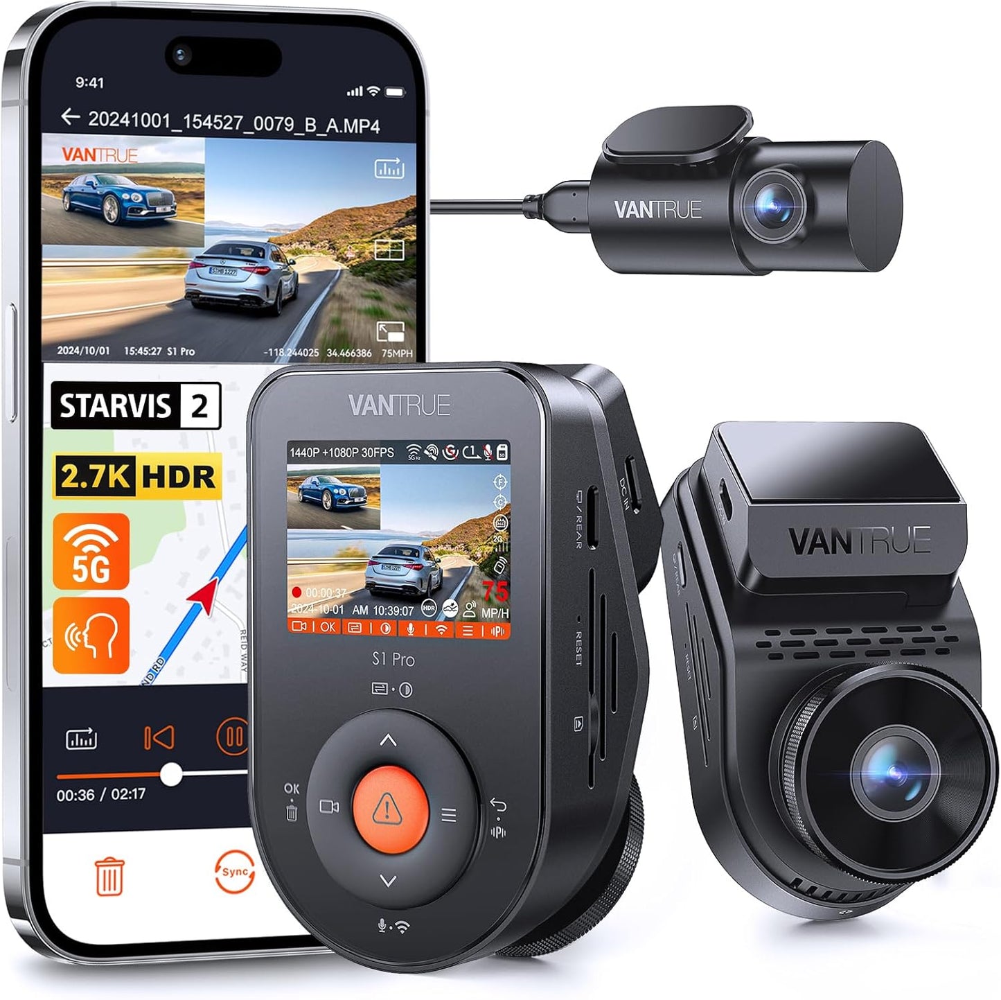 Vantrue S1 Pro Dual 1440P Dash Cam with Advanced Night Vision