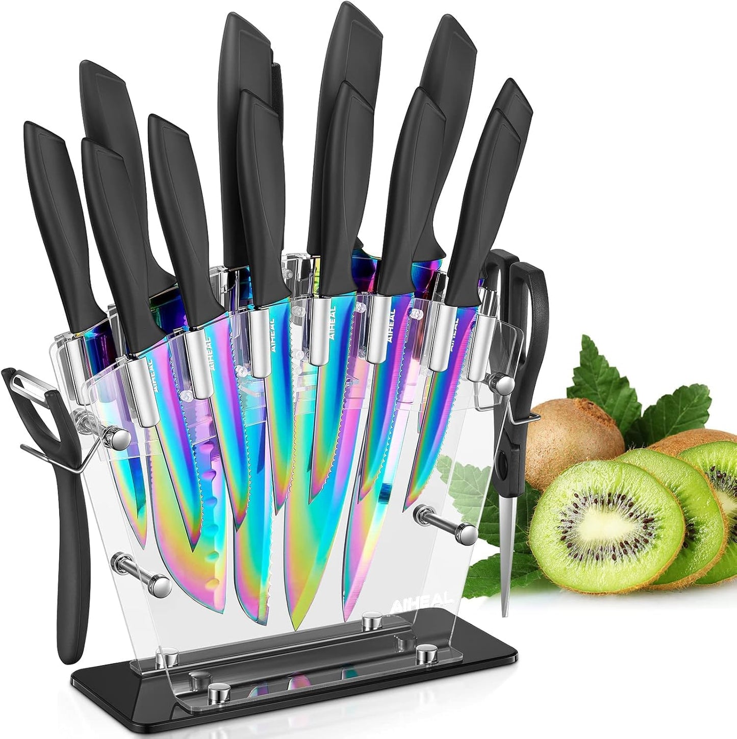 Aiheal 16 Pieces High Carbon Stainless Steel Rainbow Knife Set