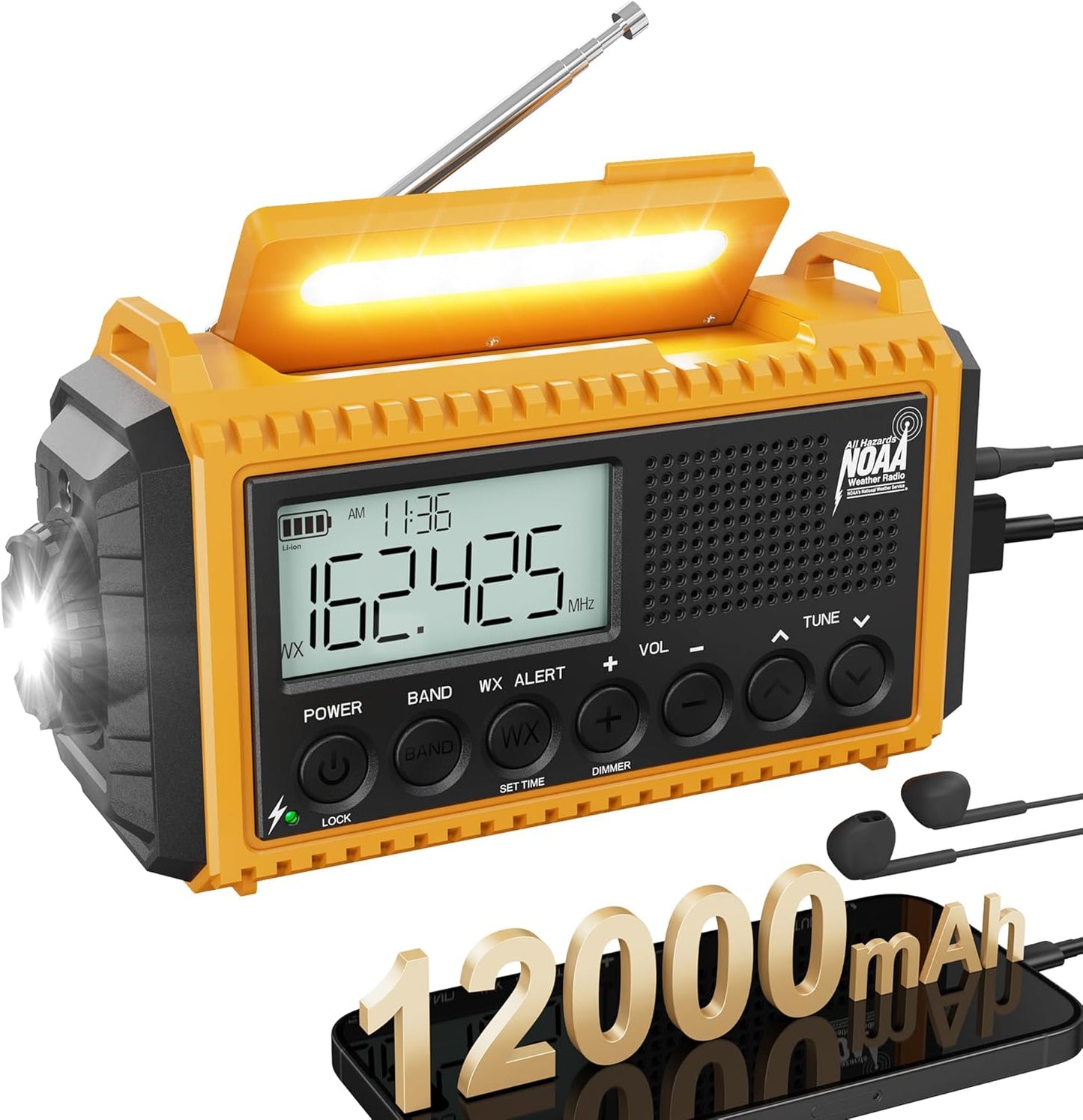 12000mAh Emergency NOAA Weather Radio with SOS Alarm & Flashlight