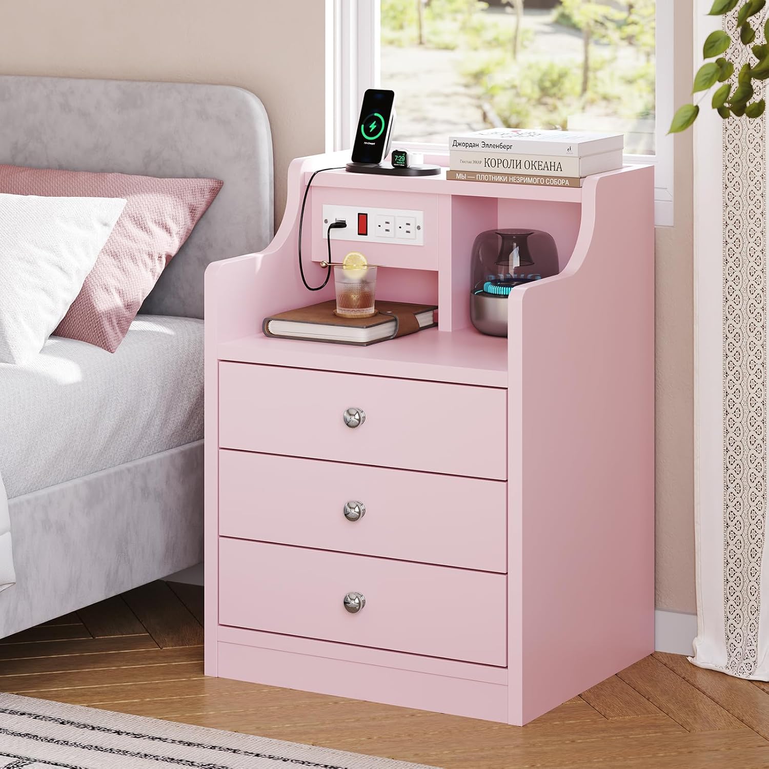 ADORNEVE Nightstand with Charging Station for Modern Bedrooms