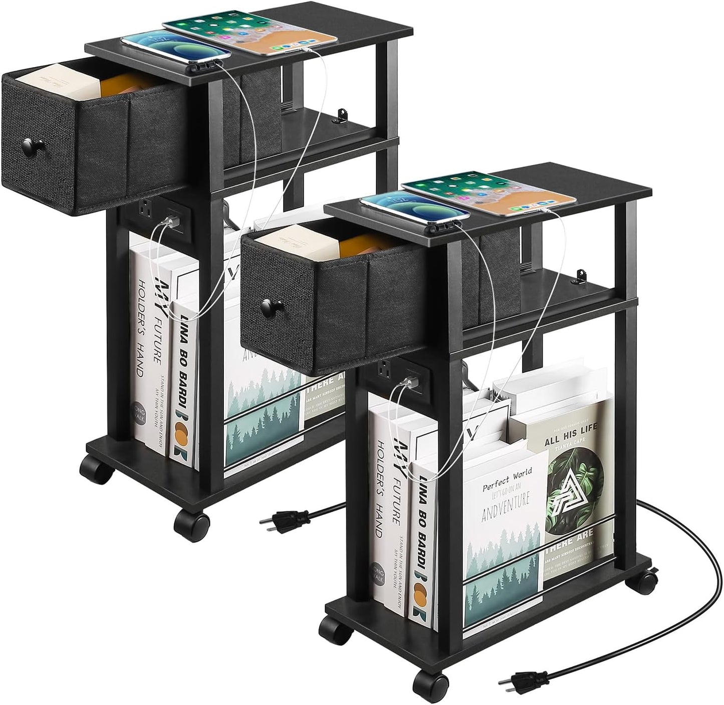 Side Table Set of 2 with Charging Station and Drawer for Small Spaces
