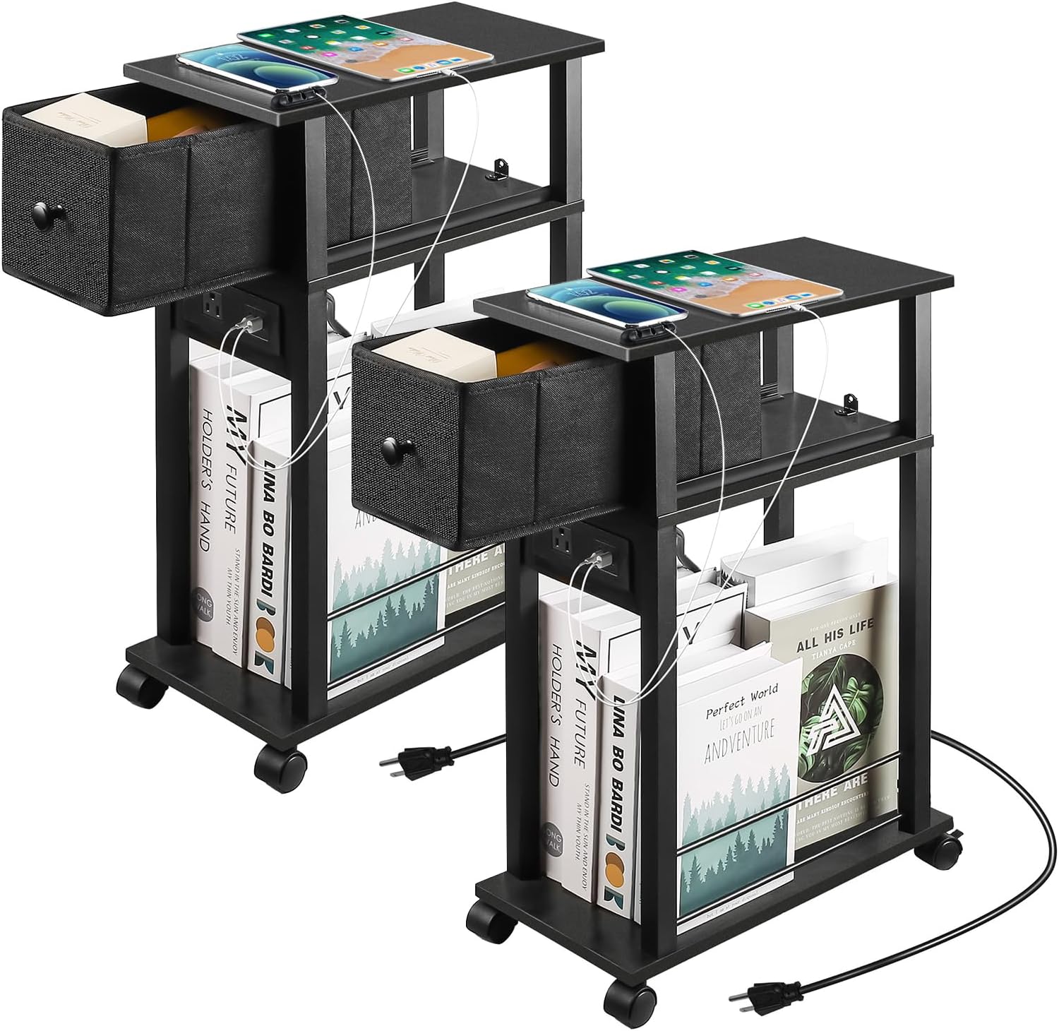 Side Table Set of 2 with Charging Station and Drawer for Small Spaces