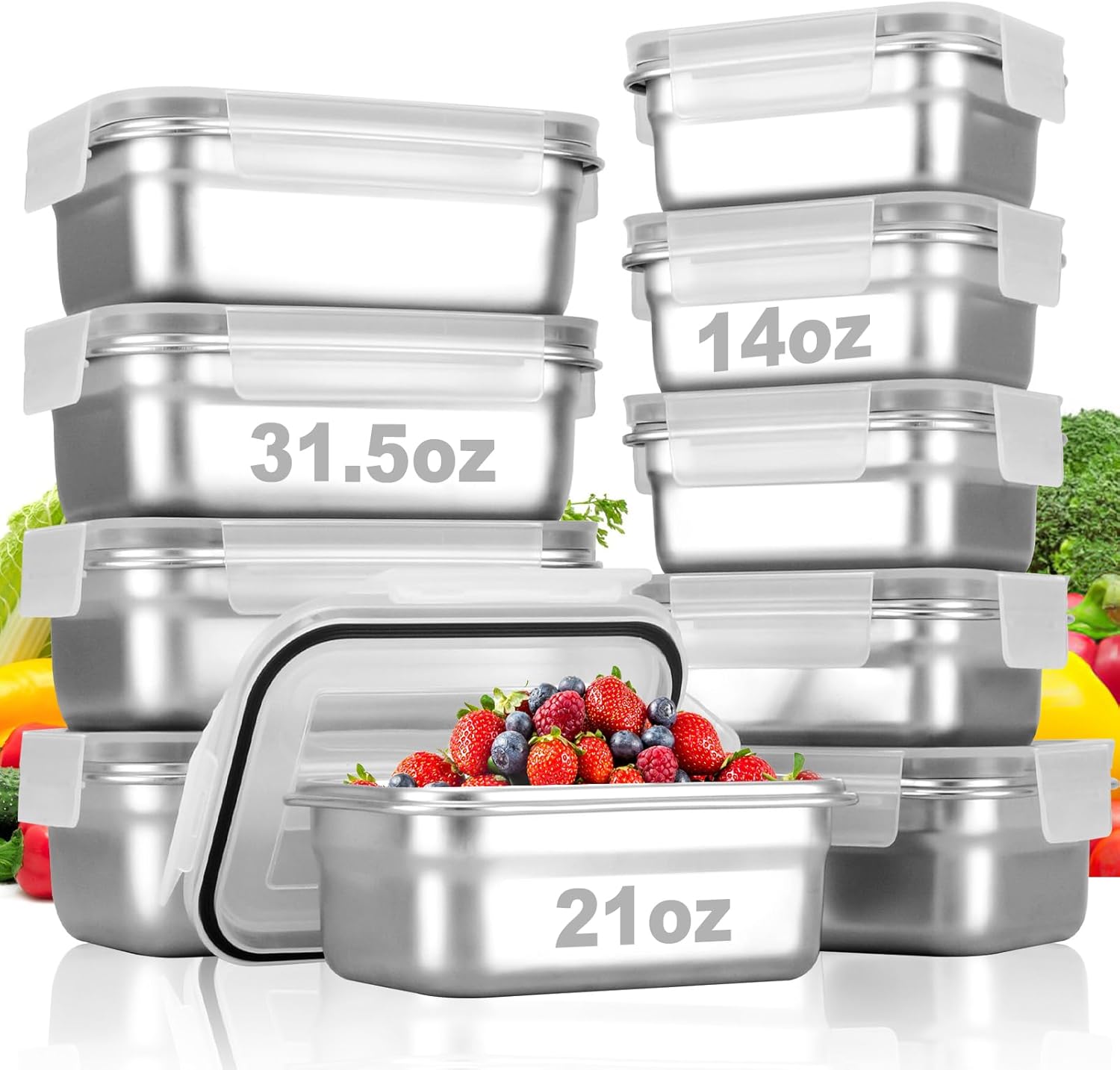 10 PC Square Stainless Steel Food Containers with Lids for Meal Prep