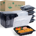 YANGRUI 3-Compartment 34 oz Plastic Containers 25 Pack - Reusable