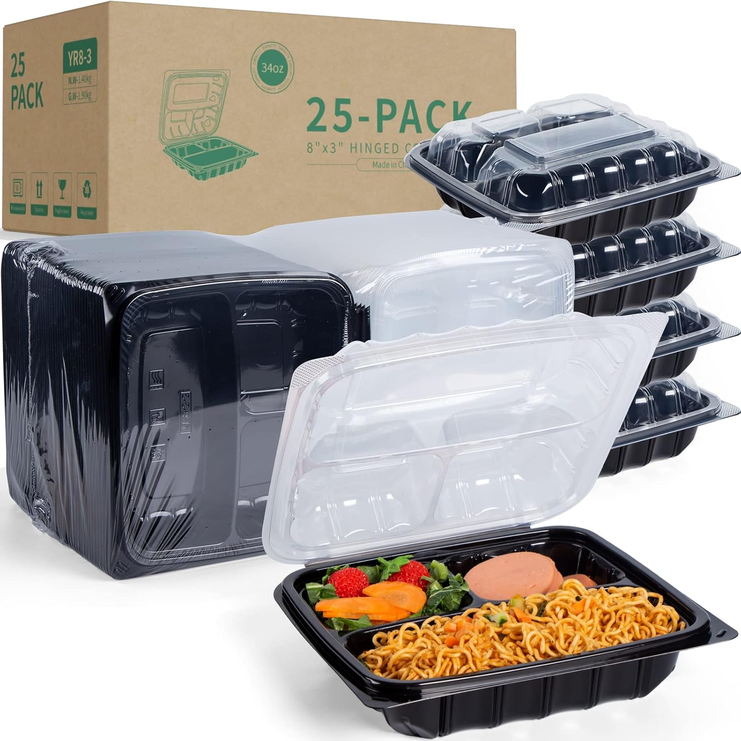 YANGRUI Plastic Containers 25 Pack for Takeout and Meal Prep