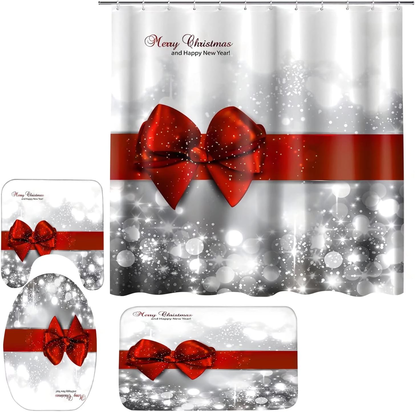 Christmas Bath Set with Waterproof Curtains & Rugs