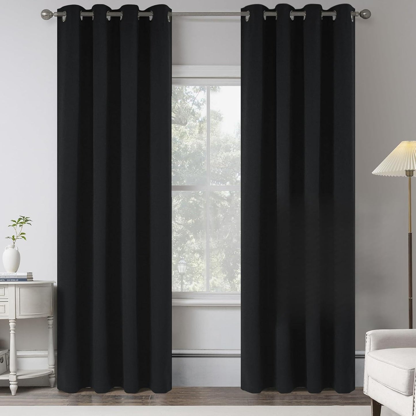 Black Linen 100% Blackout Curtains for Bedroom and Living Room