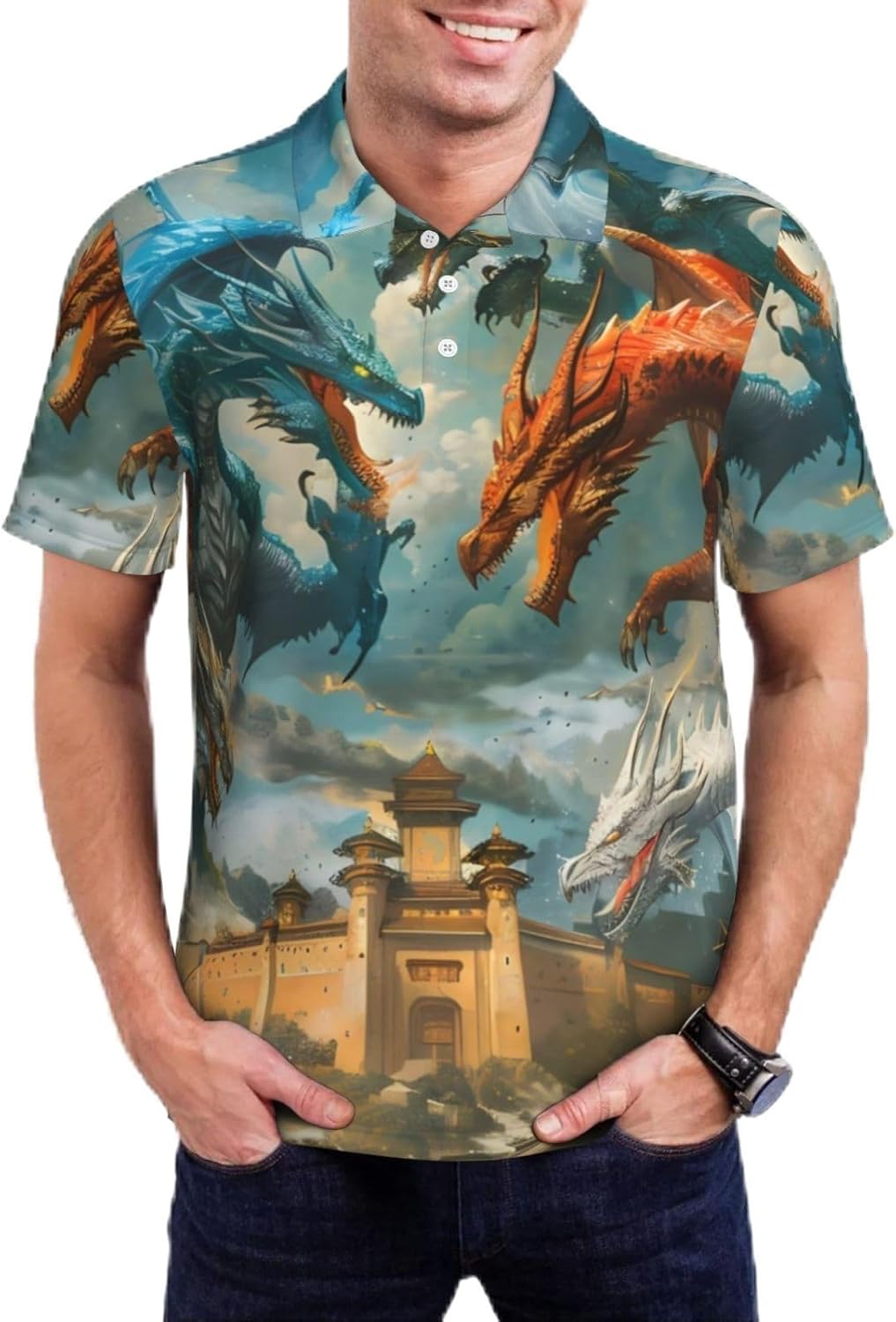 Dry Fit Golf Polo - Red Blue Dragon Print