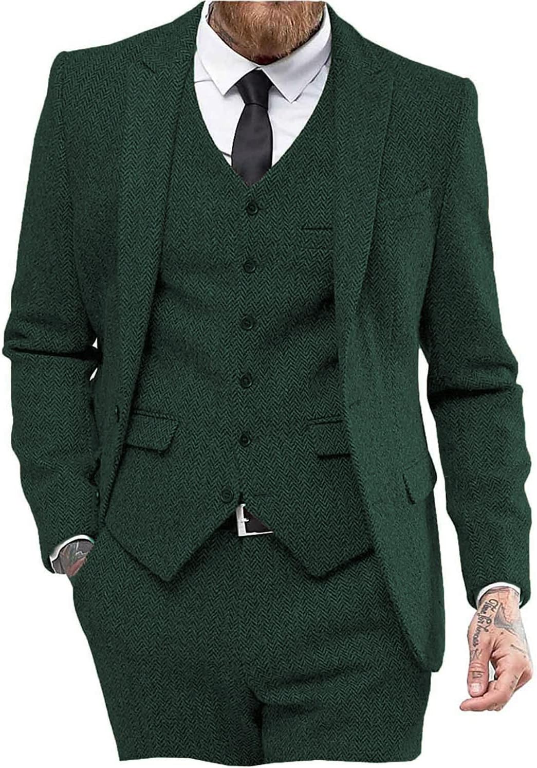 Ceehuteey Mens Tweed Herringbone Wedding Suit Tuxedo