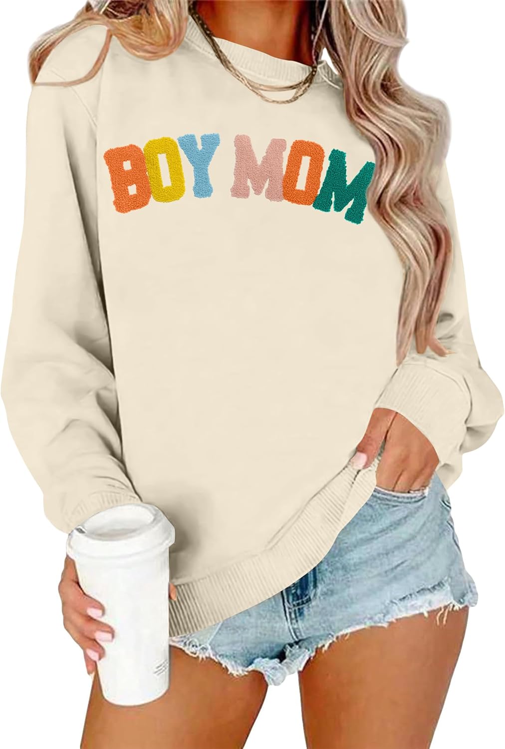 Boy Mom Long Sleeve Sweatshirt: HQP Embroidered Crew Neck - Comfy Mom Life Gift