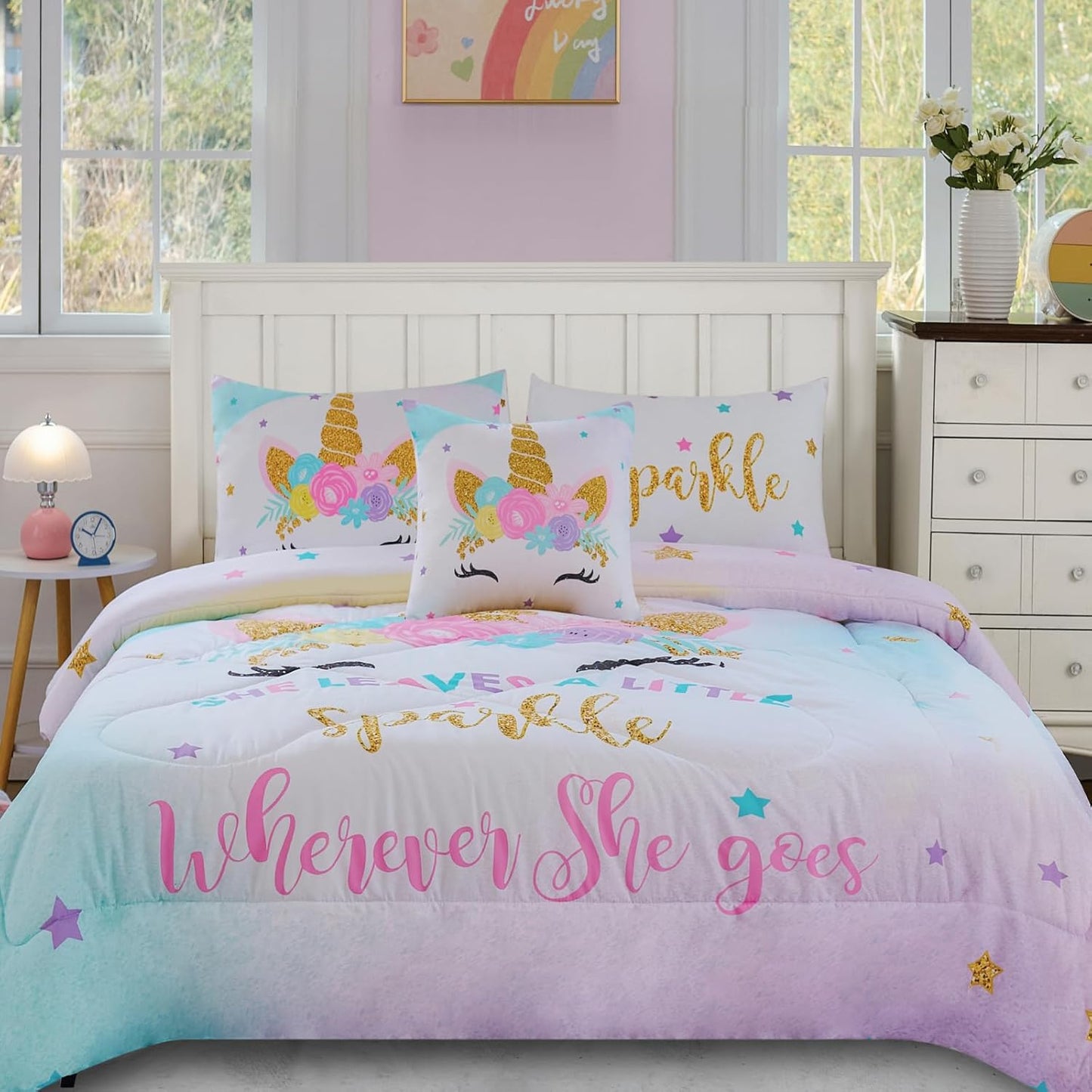 Cokouchyi Twin Size Comforter Set for Girls, 6-Piece Bed Set
