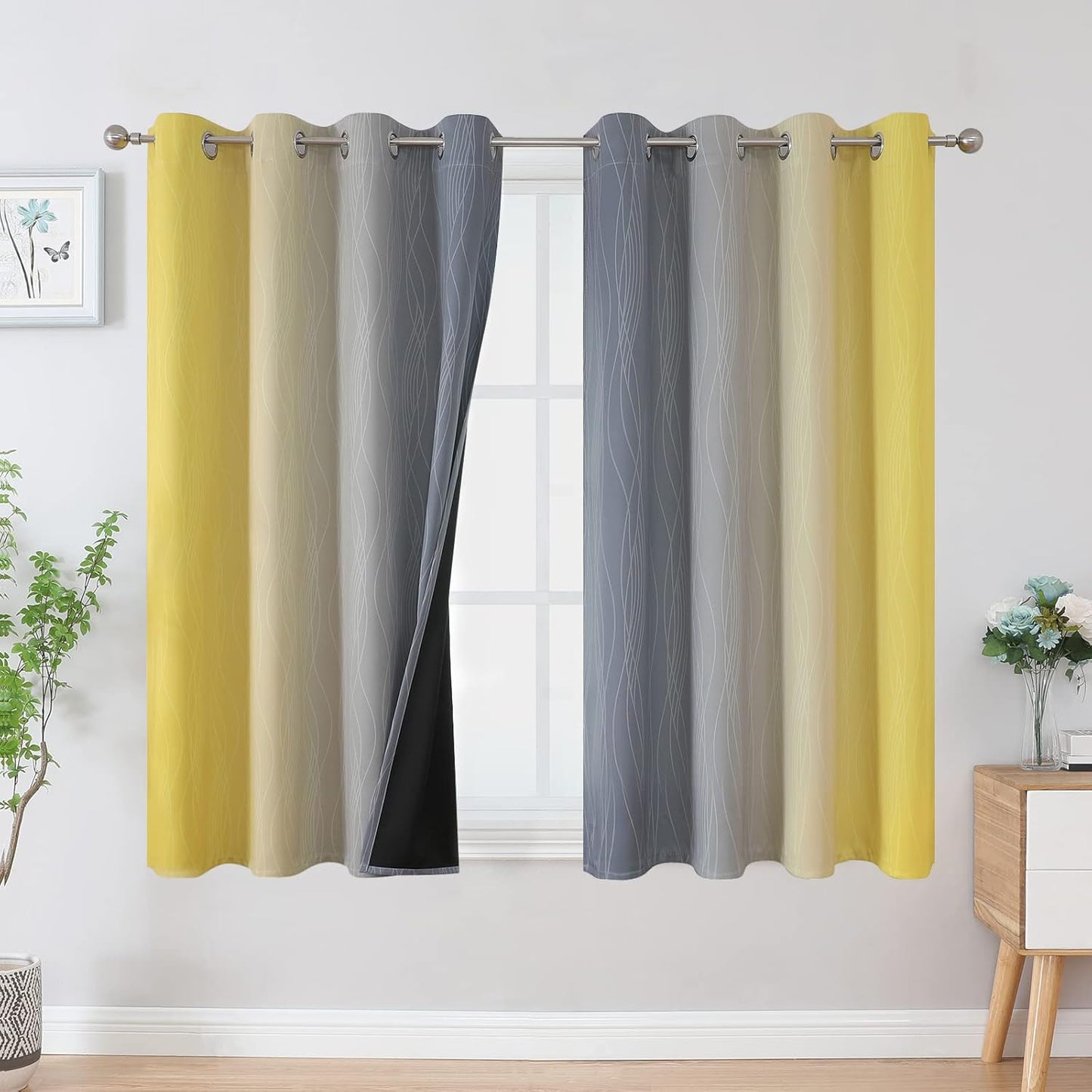 Ombre Gray and Yellow Blackout Curtains for Full Room Darkening