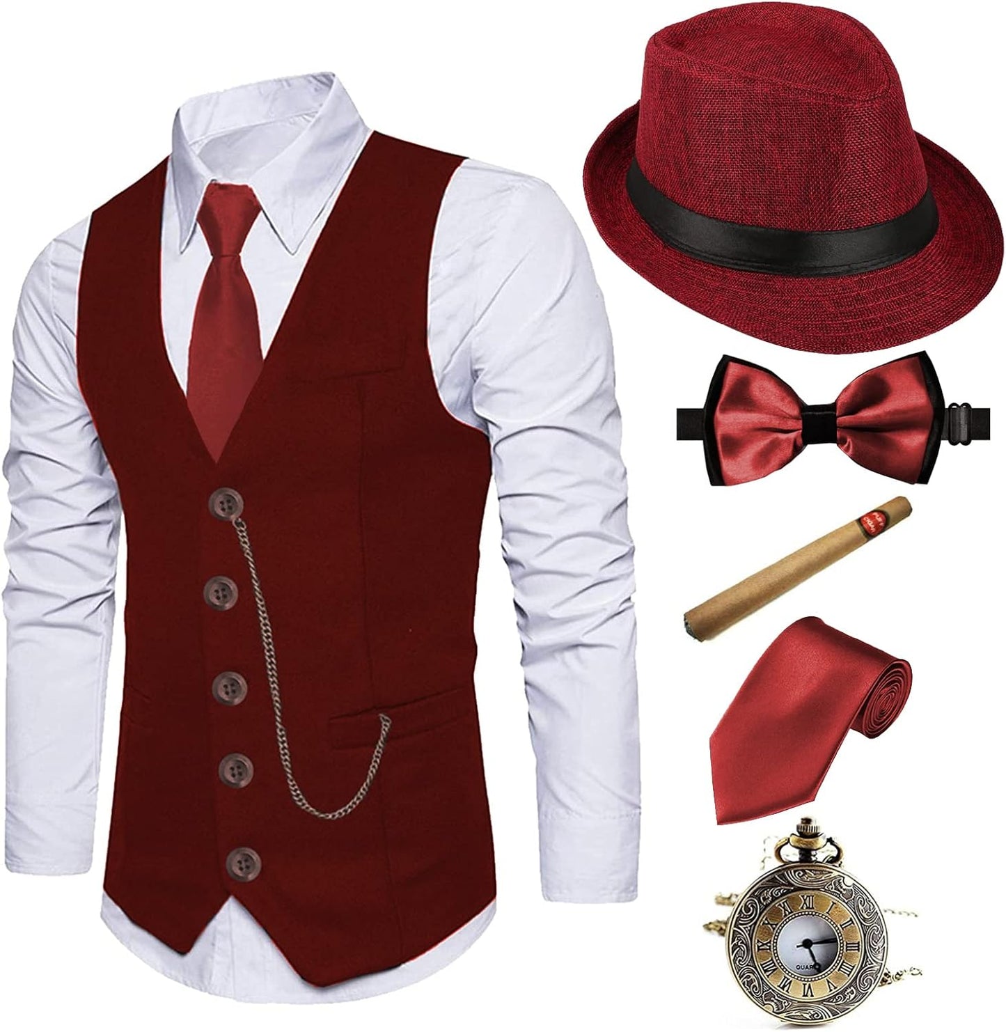 1920s Mens Costume Fedora Hat and Vintage Gangster Accessories Set