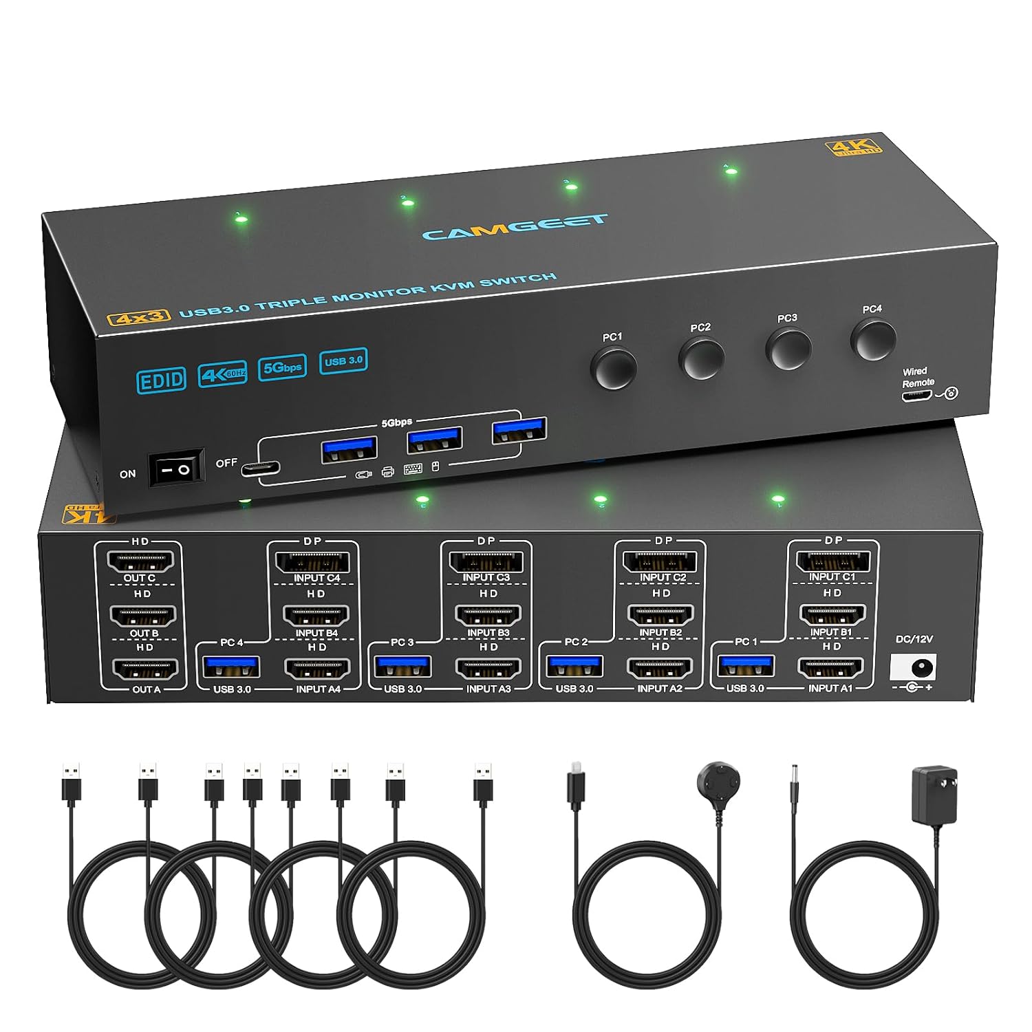 KVM Switch 3 Monitors 4 Computers 4K@60Hz for Seamless Control