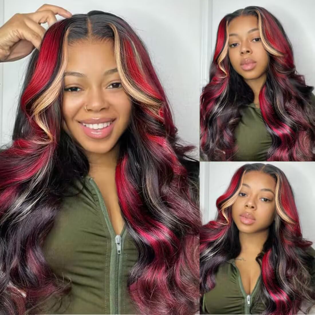 180% Density Glueless Wig with Burgundy Highlights for Style
