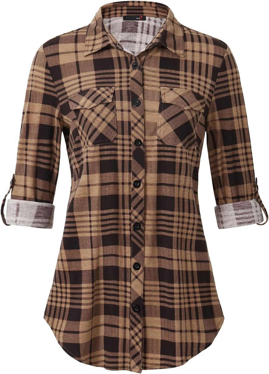 DJT Womens Soft Stretchy Knit Plaid Shirts for Every Occasion
