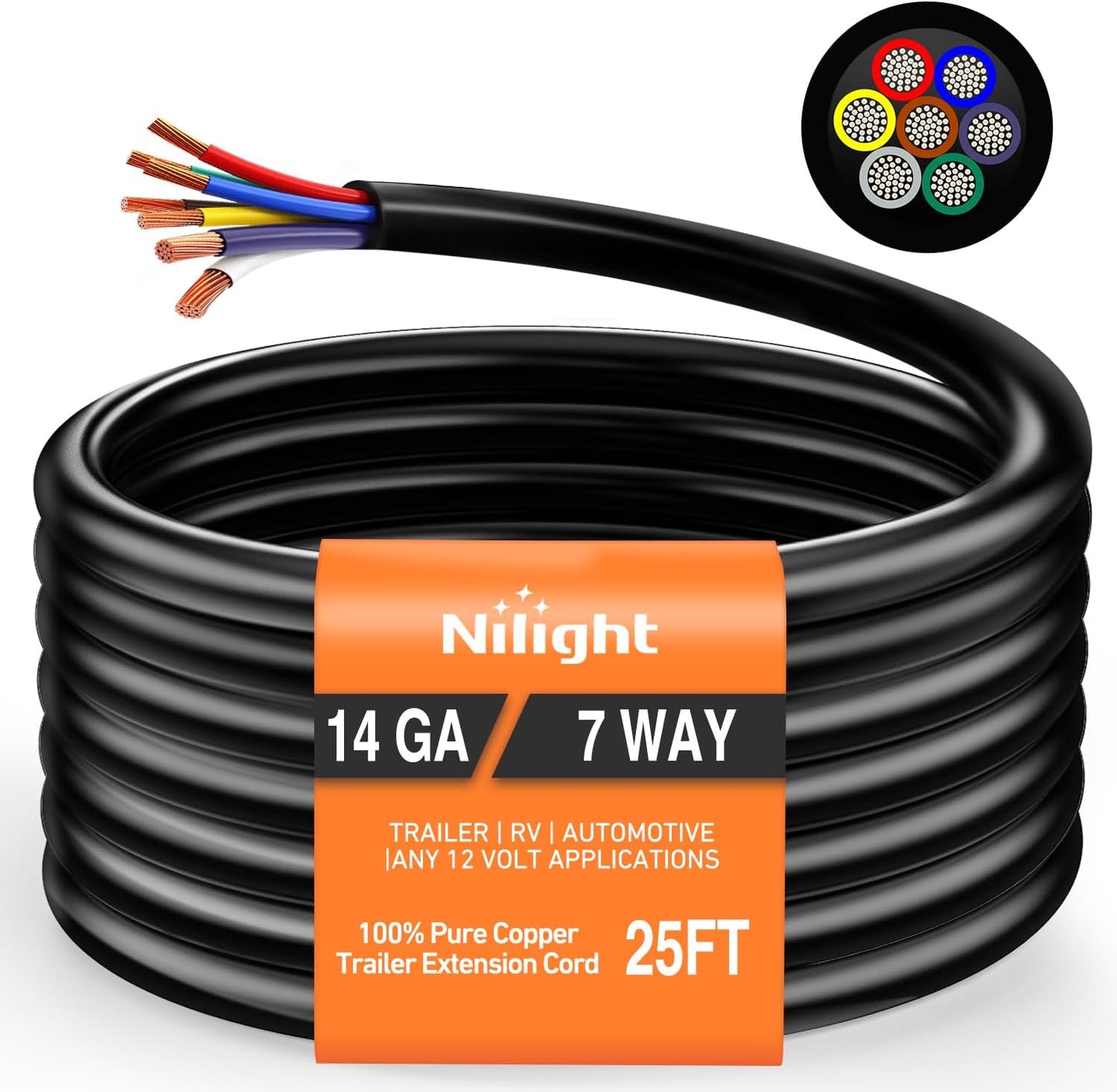 Nilight 25 Feet 7 Way Trailer Extension Cable for Easy Setup
