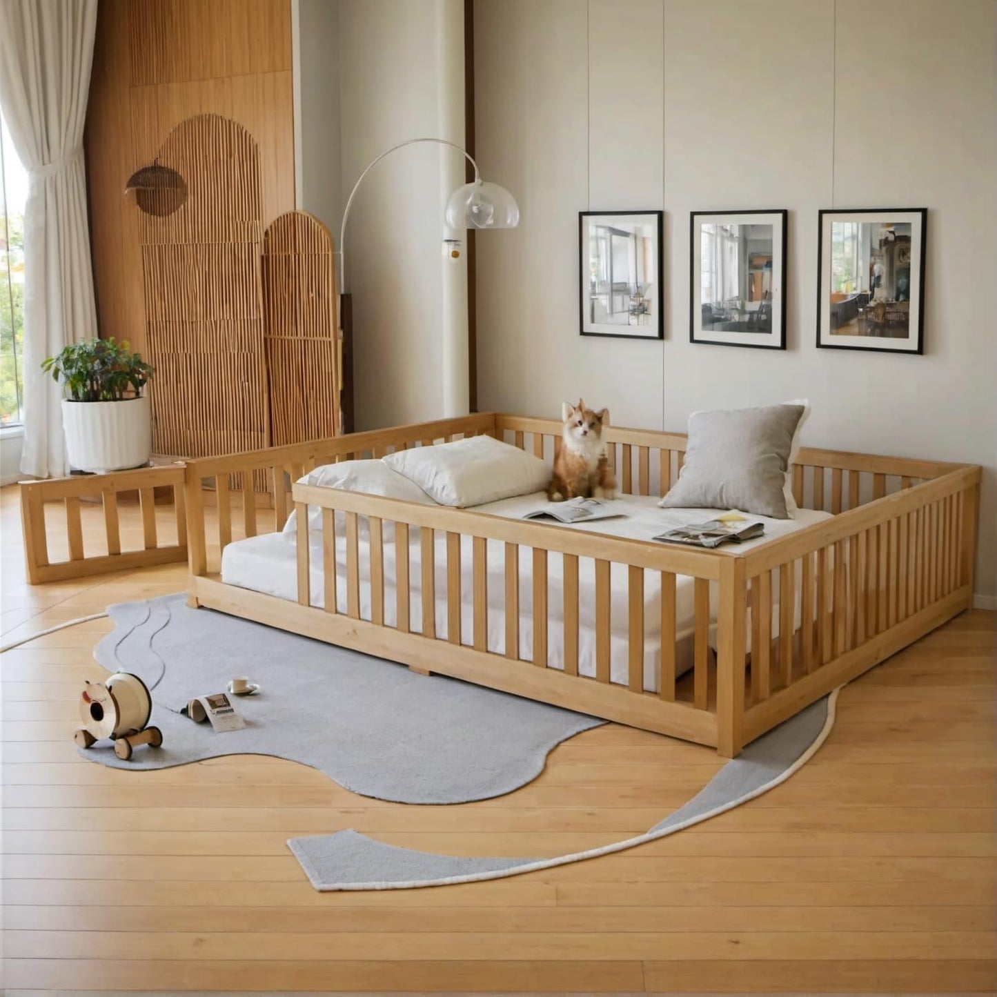 Full Size Floor Bed with Convertible Door & Wood Slats Support