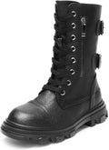Girls Black Combat Boots with Side Zipper and Buckles - Cozy Fit