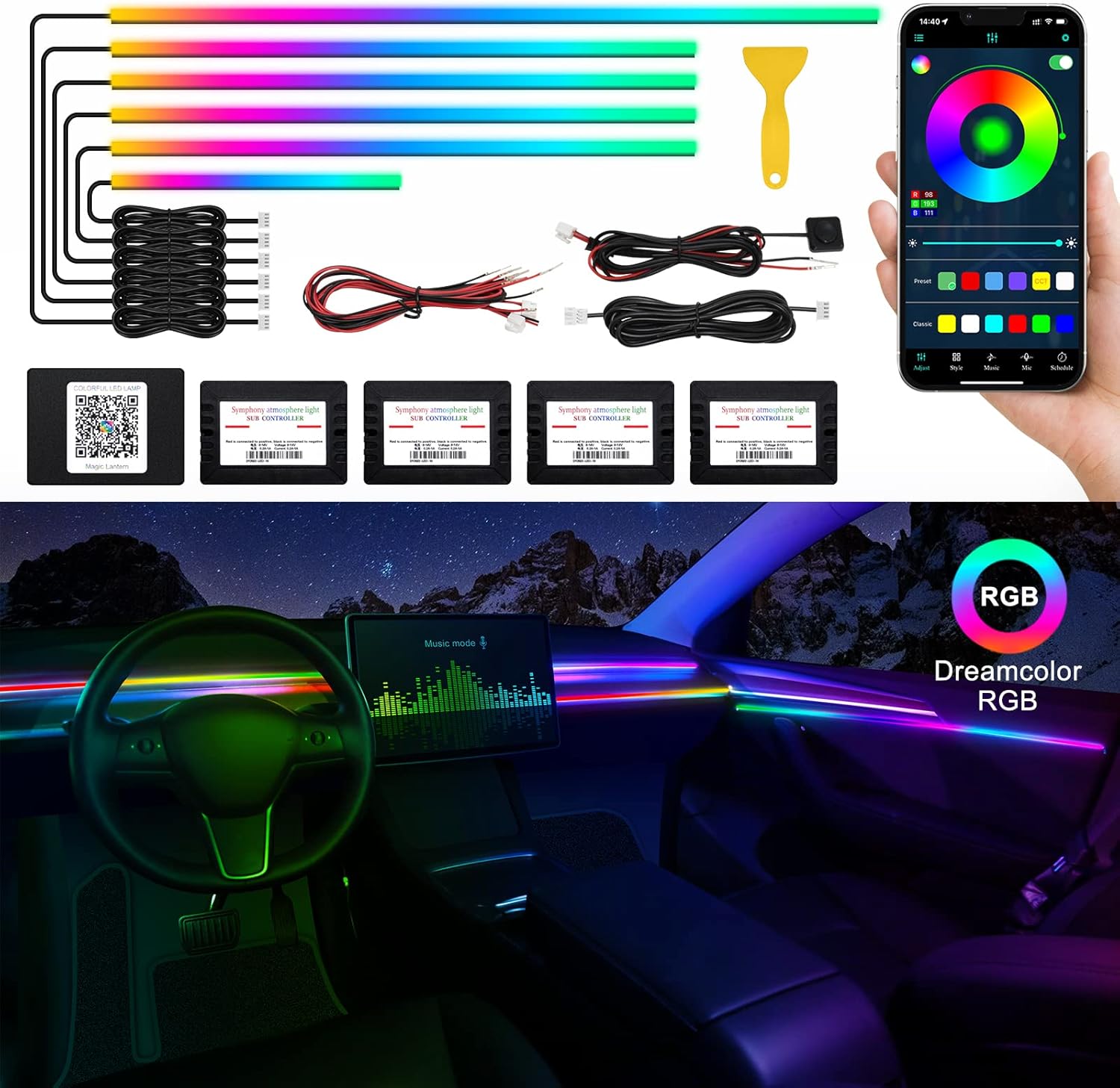 Acrylic Interior Car LED Strip Light with Wireless APP Control