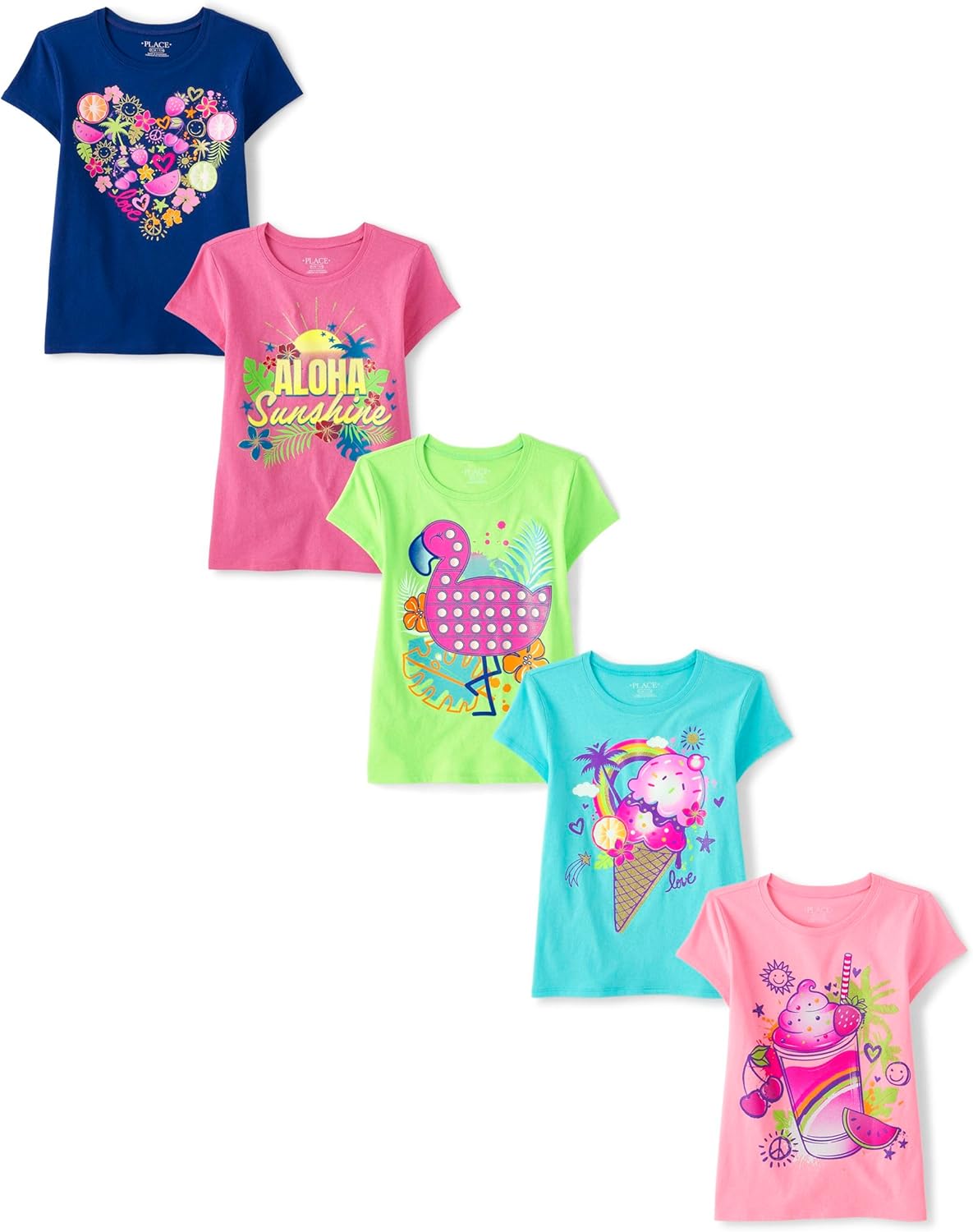 Trendy Girls' Short Sleeve Graphic T-Shirts 5 Pack for Everyday Wear