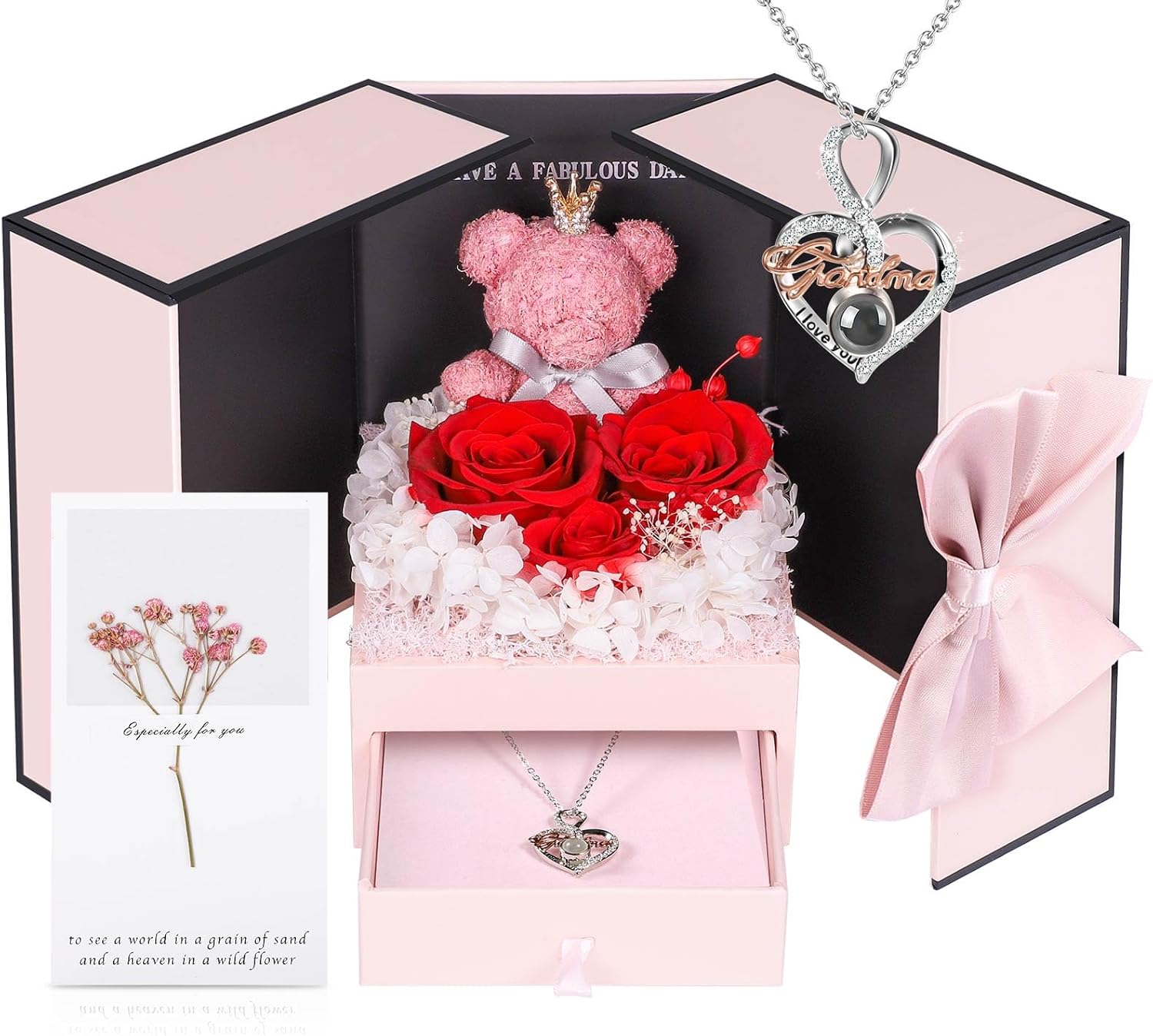 Preserved Real Roses and I Love You Necklace for Grandma Gifts