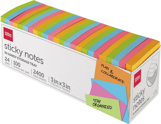 24 Packs 3x3 Sticky Notes + Storage: 100 Sheets, Vivid Colors