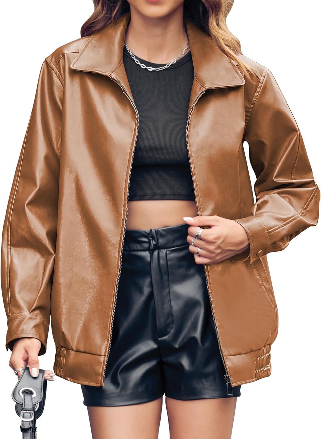 Miladusa Womens Oversized Leather Jacket for Casual Style