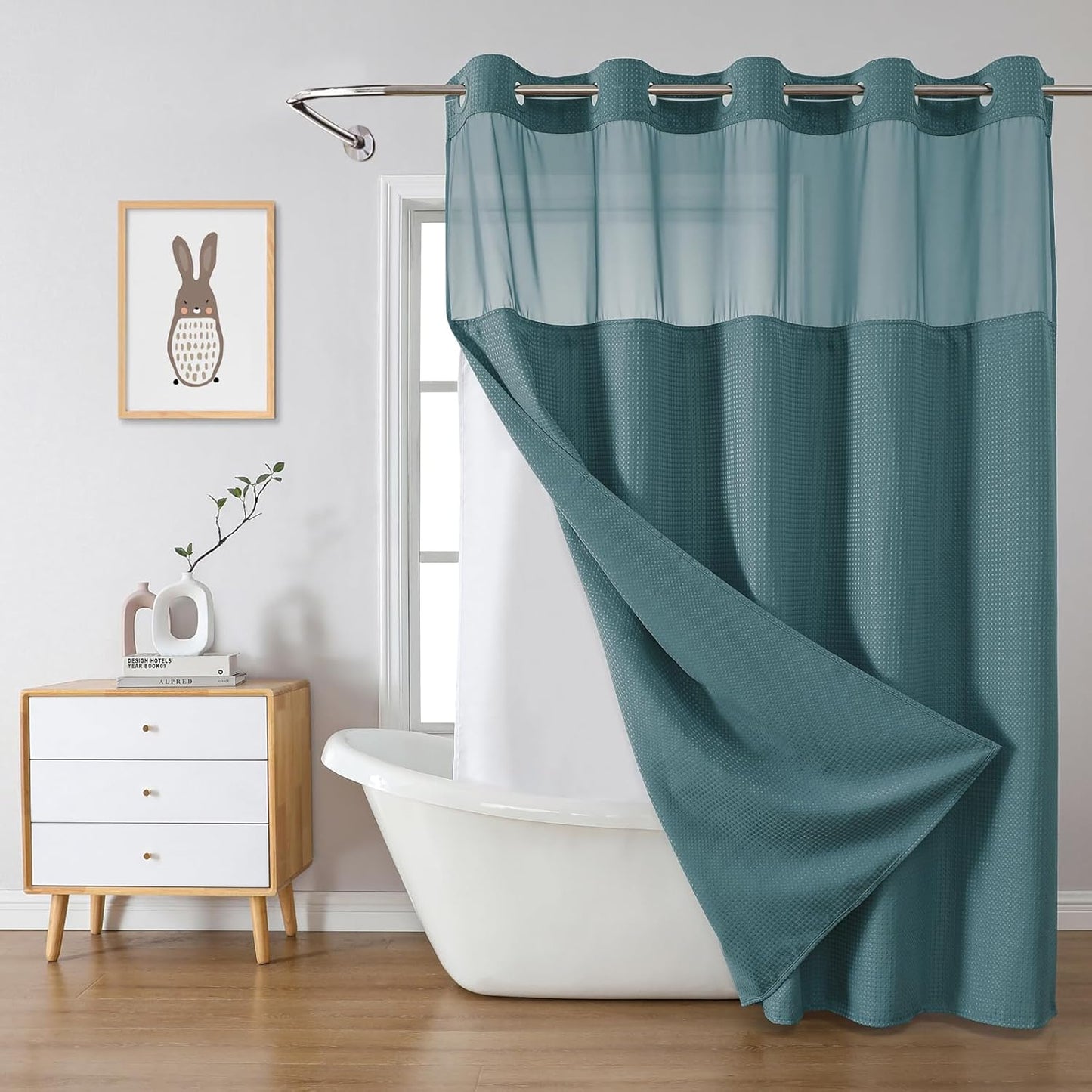 SeawedGreen Extra Long No Hook Waffle Weave Shower Curtain Set