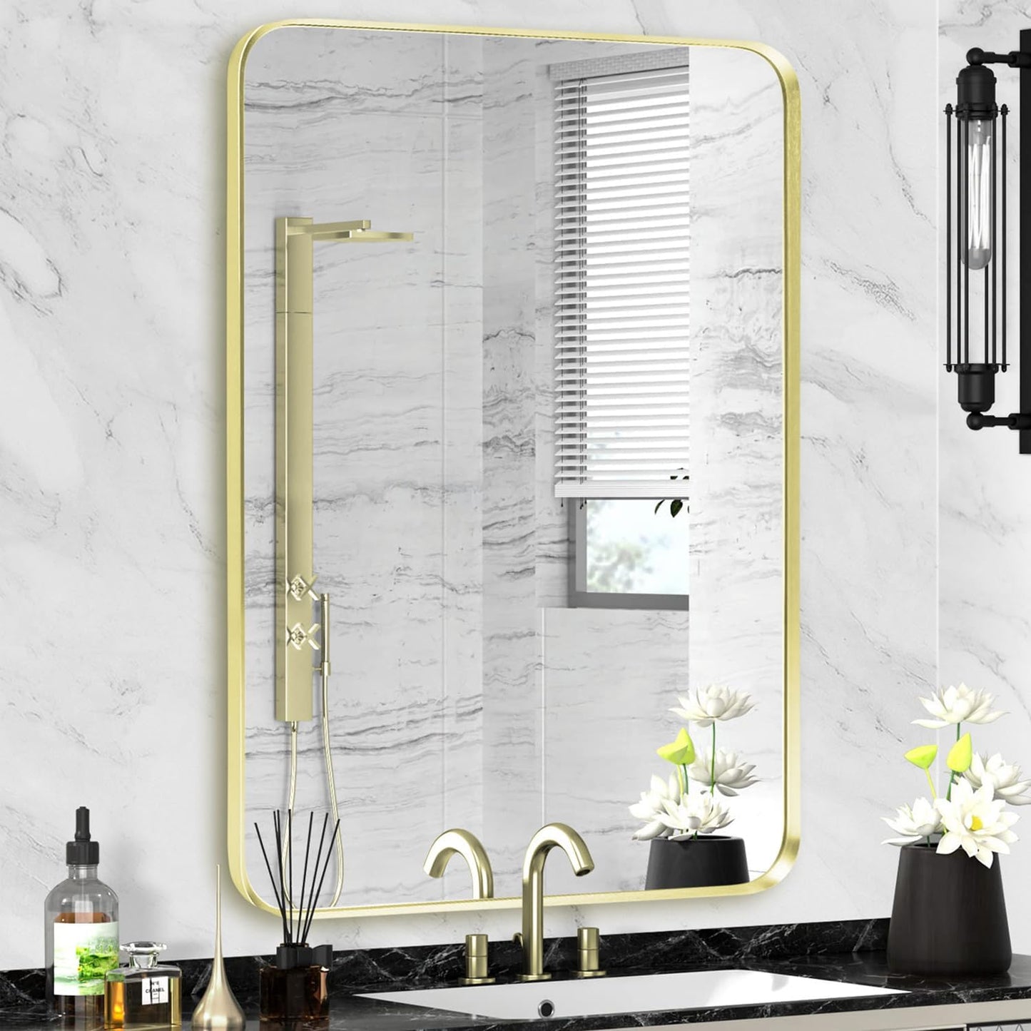 Brushed Gold Metal Framed Wall Mount Mirror for Bathroom