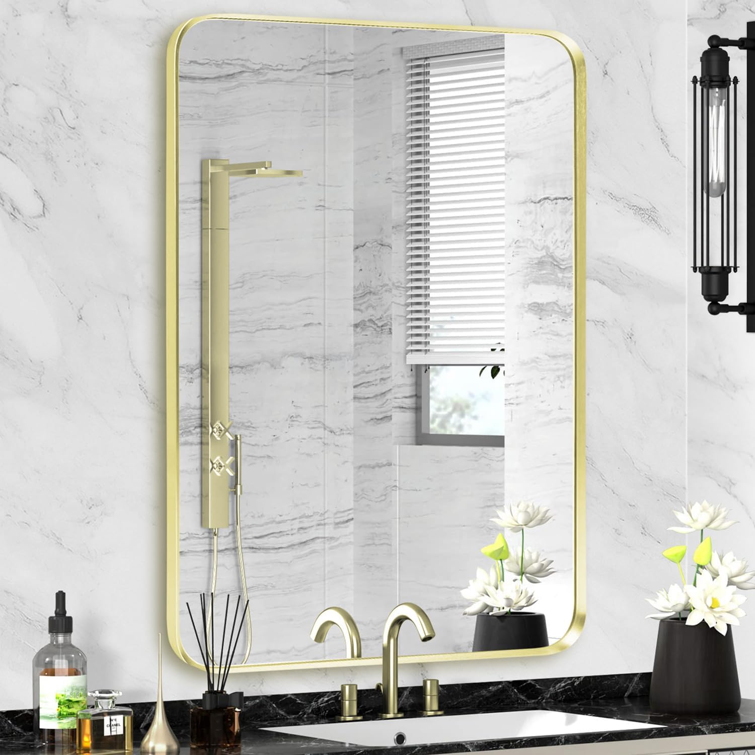Brushed Gold Metal Framed Wall Mount Mirror for Bathroom